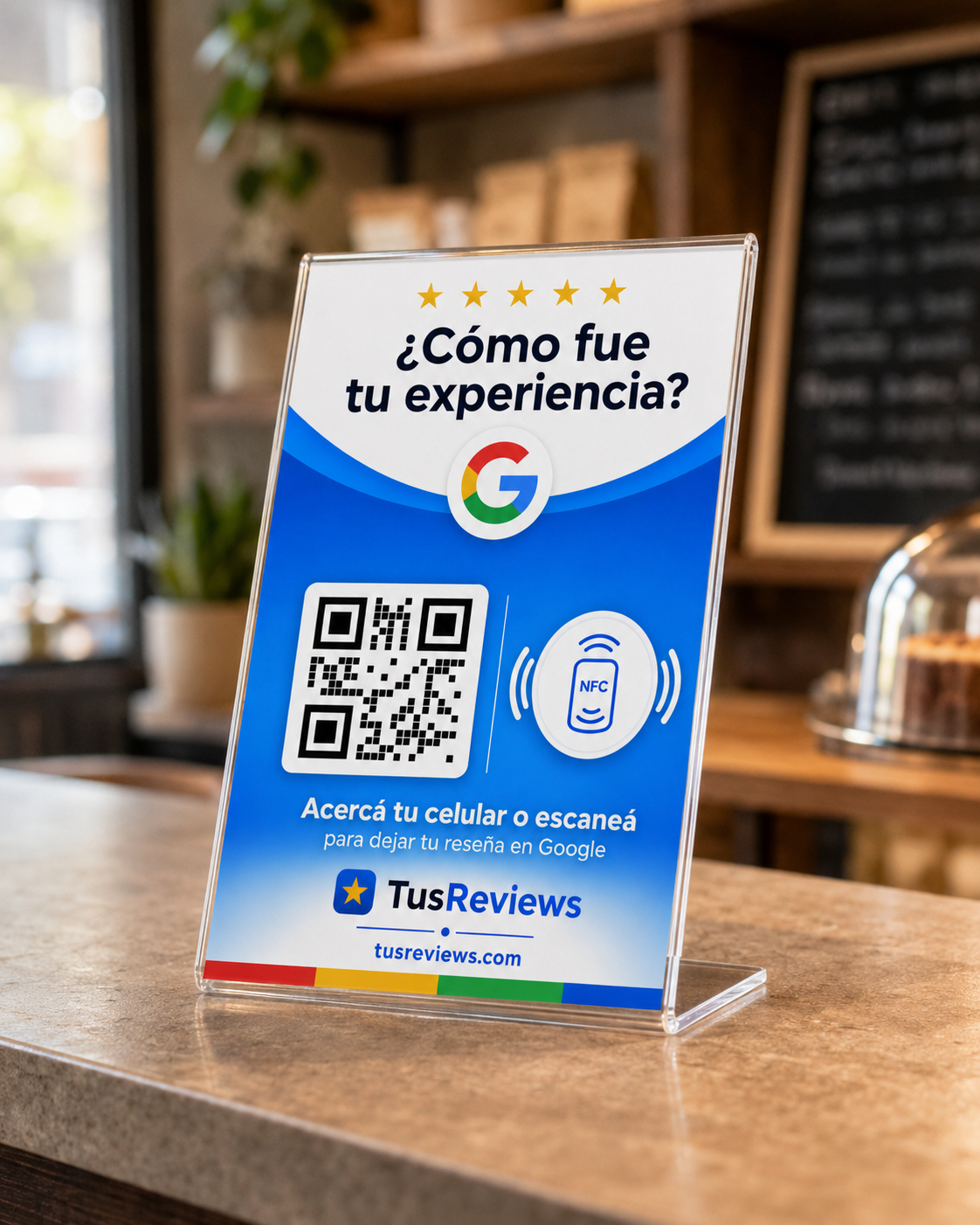 Expositor de sobremesa TusReviews con QR para reseñas en Google