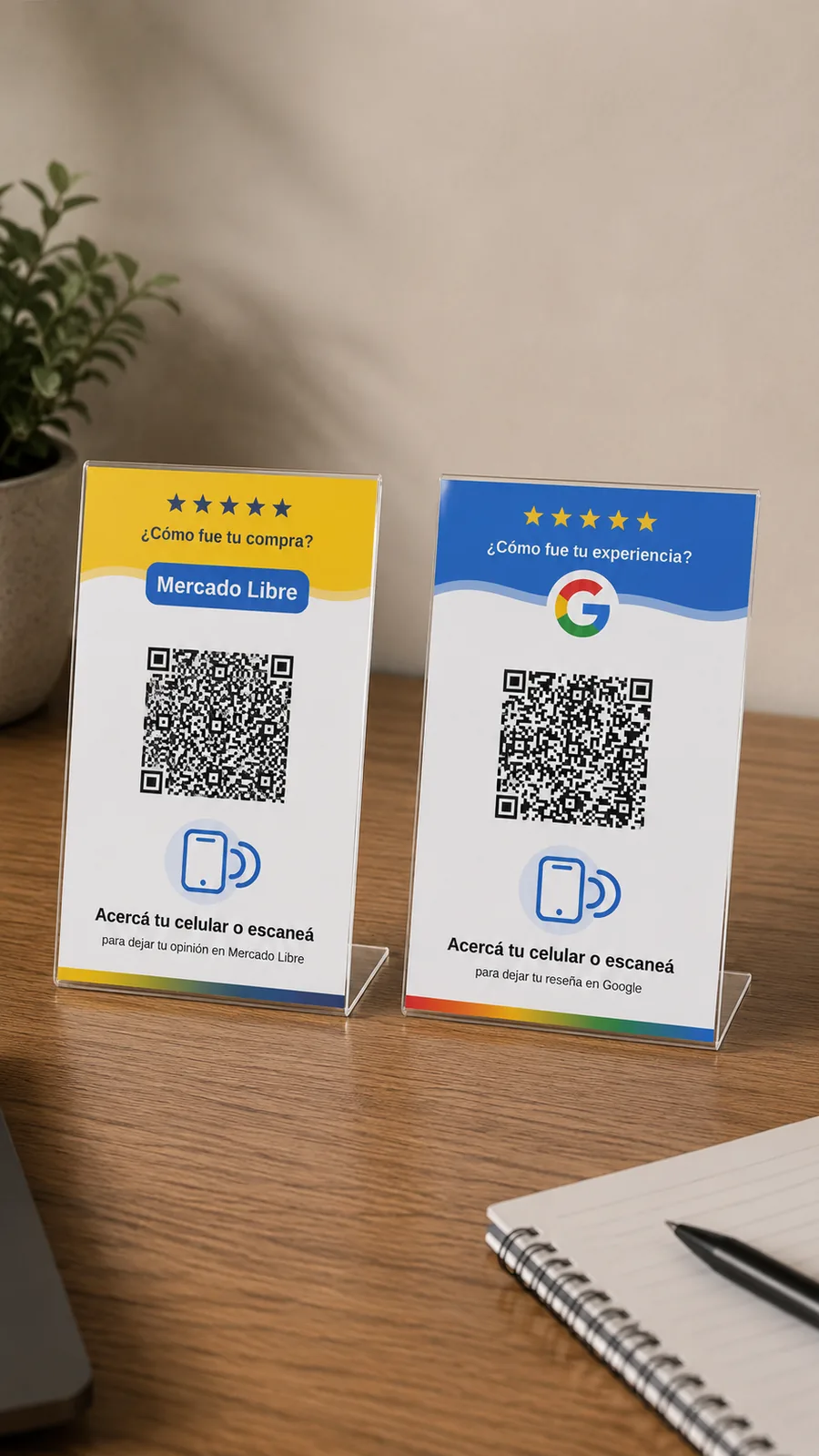 Parantes de mostrador TusReviews para Google y Mercado Libre sobre un escritorio