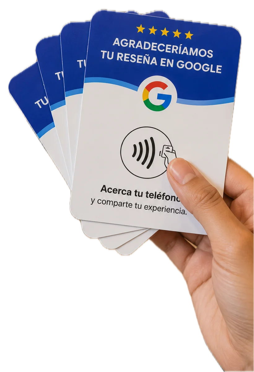 Mano sosteniendo tarjetas NFC: Agradeceríamos tu reseña en Google