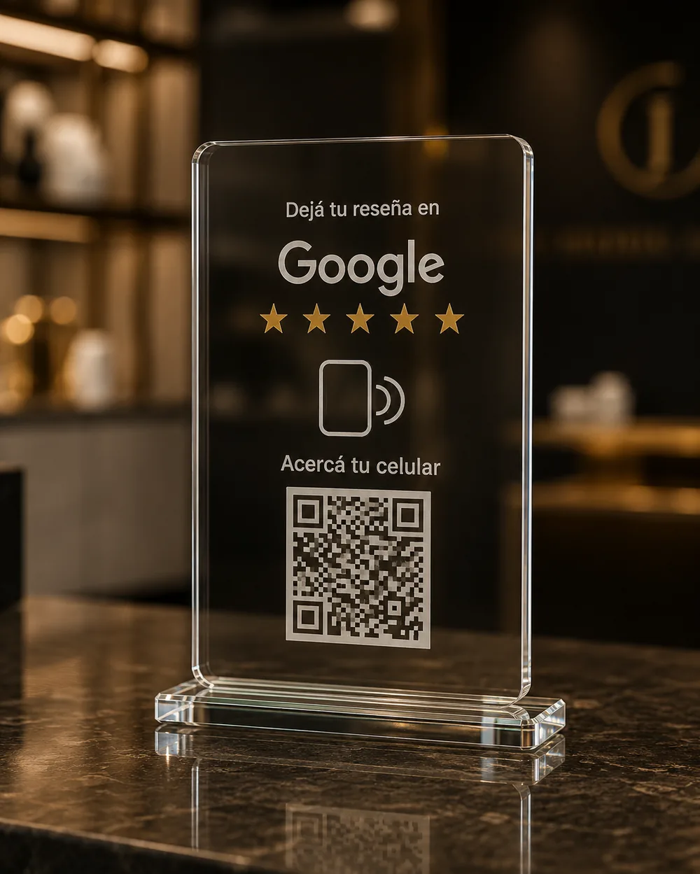 Placa premium en vidrio grabado TusReviews sobre un mostrador